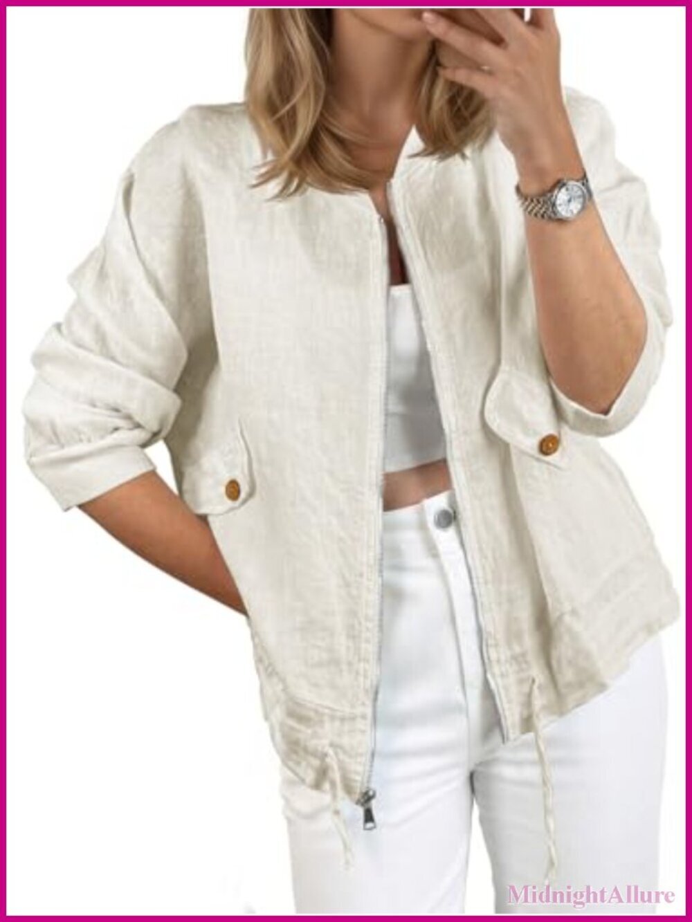 Lightweight Zip Up Bomber Jacket Cotton Viscose Linen Blend With Pockets